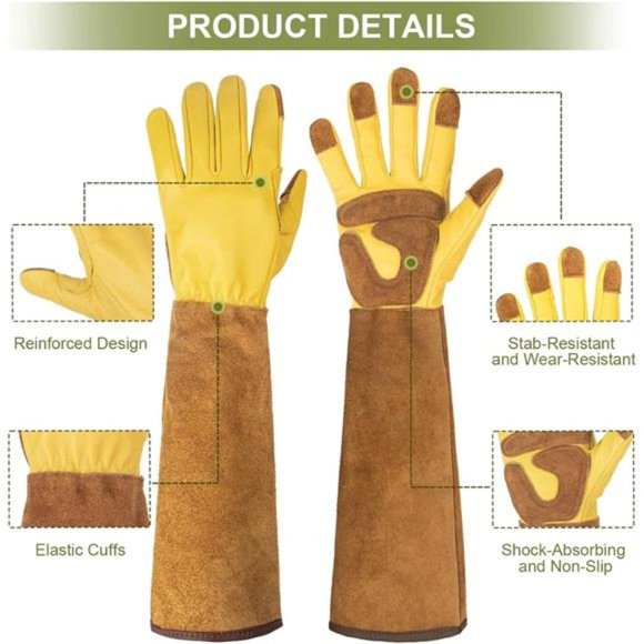 Long Gloves for Gardening/Work - Thorn Proof,Rose Pruning Cowhide Leather - Picture 5 of 6